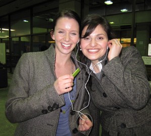 Rachel Doucette (left) sharing her Shuffle with Dina Hasan