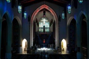 William's piece Young Prayer (2012), an electronic based kinetic sculpture that functions as a guitar smashing feedback machine. Shown in the Metropolitan United Church during Toronto’s Scotiabank Nuit Blanche, Young Prayer strives to reflect on the sprigging of rock culture from religious practices as well as the repurposed use of architecture (church) from its original context. Young Prayer also aims to reveal the cliché and predictable nature the action of guitar smashing has assumed over its relatively brief history as well as commemorate its lineage and celebrate its unique auditory effects.